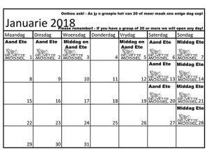 De Vette Mossel Grootbrak Kalender vir Januarie 2018